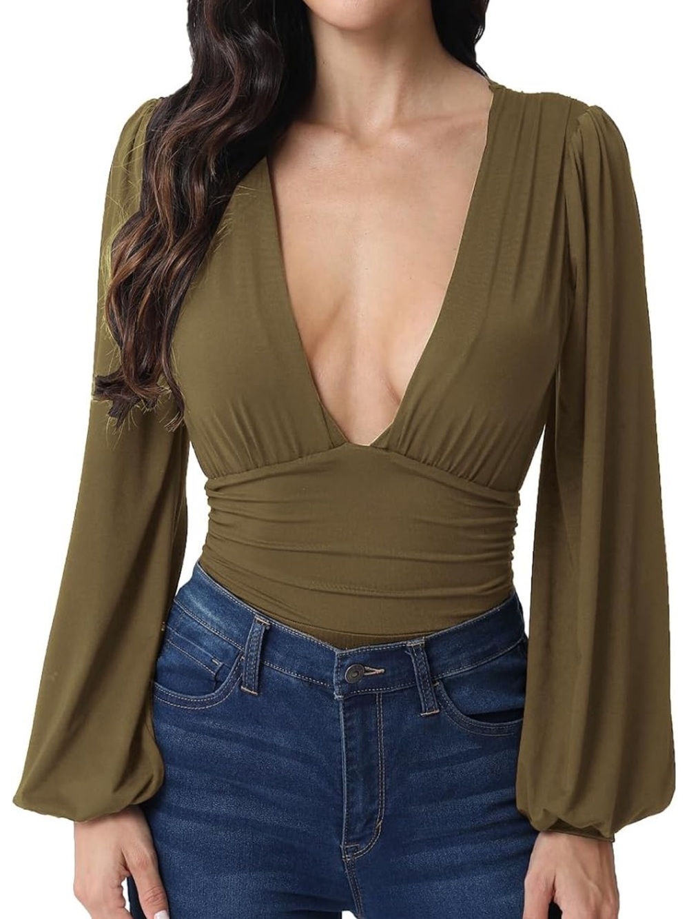 Practically New Olive Green Plunge V-Neck Long Sleeve Puff Sleeve Bodysuit